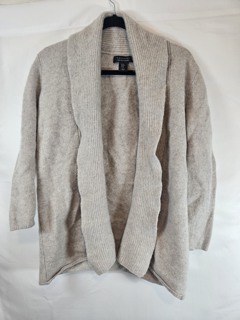 Tahari Cashmere Open-Front Cardigan in Light Taupe Heather